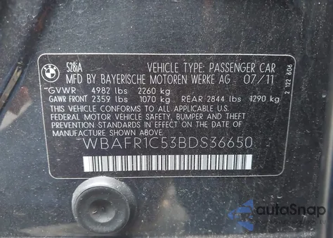 2011 BMW 528I из США, поврежденный, VIN WBAFR1C53BDS36650